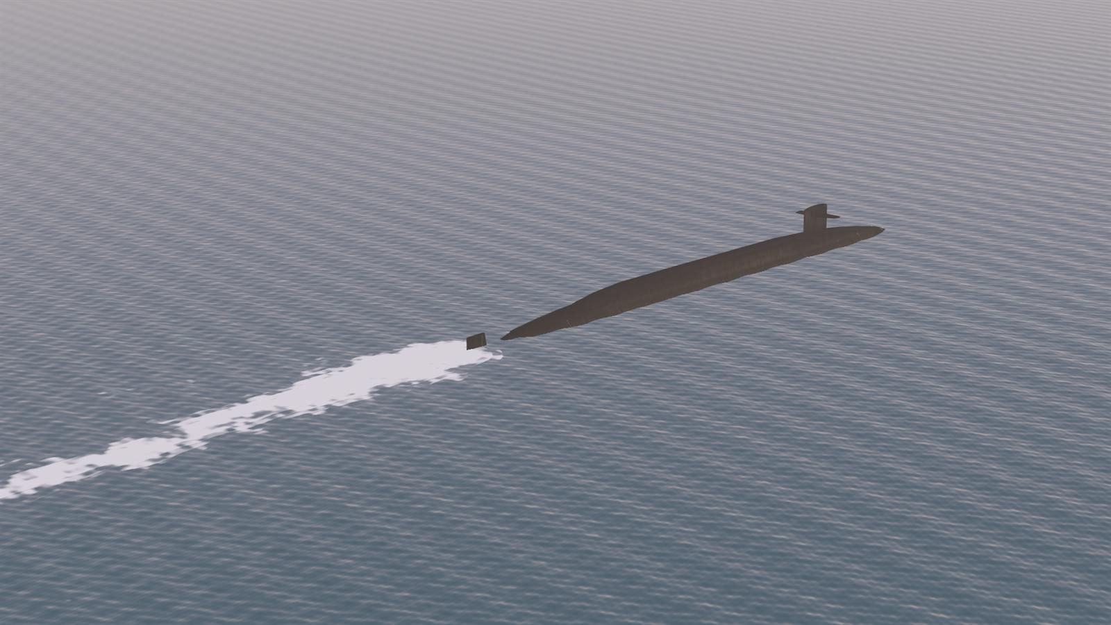 A submarine running on the surface at dawn, seen from above her quarter, a long white wake behind her.