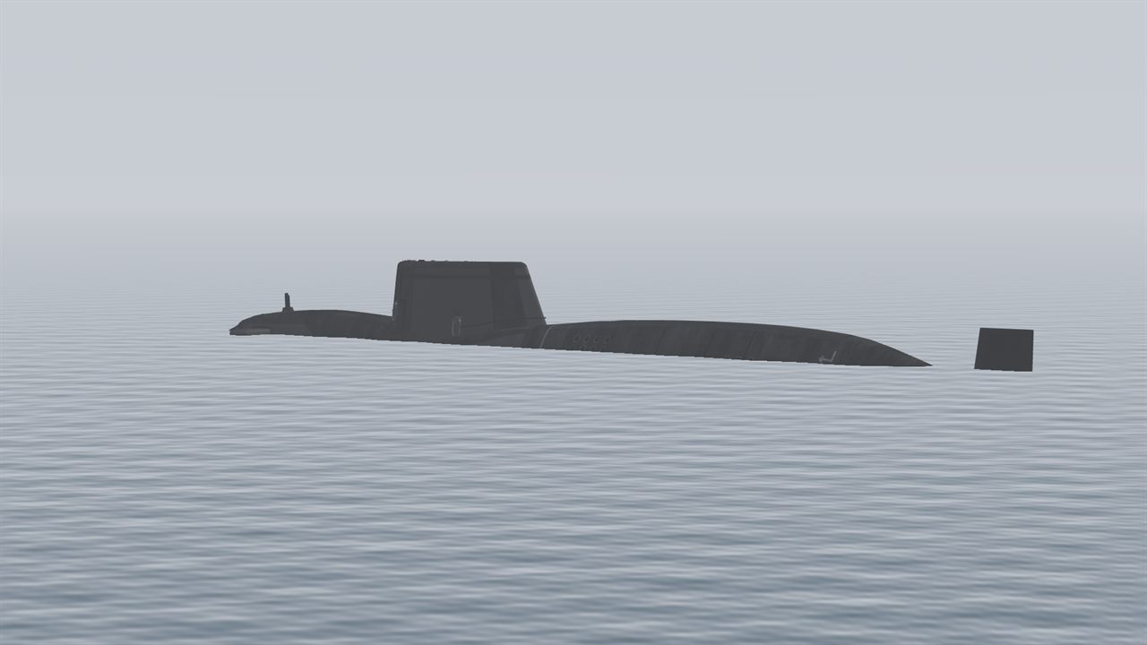 A dark submarine lying on the surface of a still, grey sea under a pale morning sky.