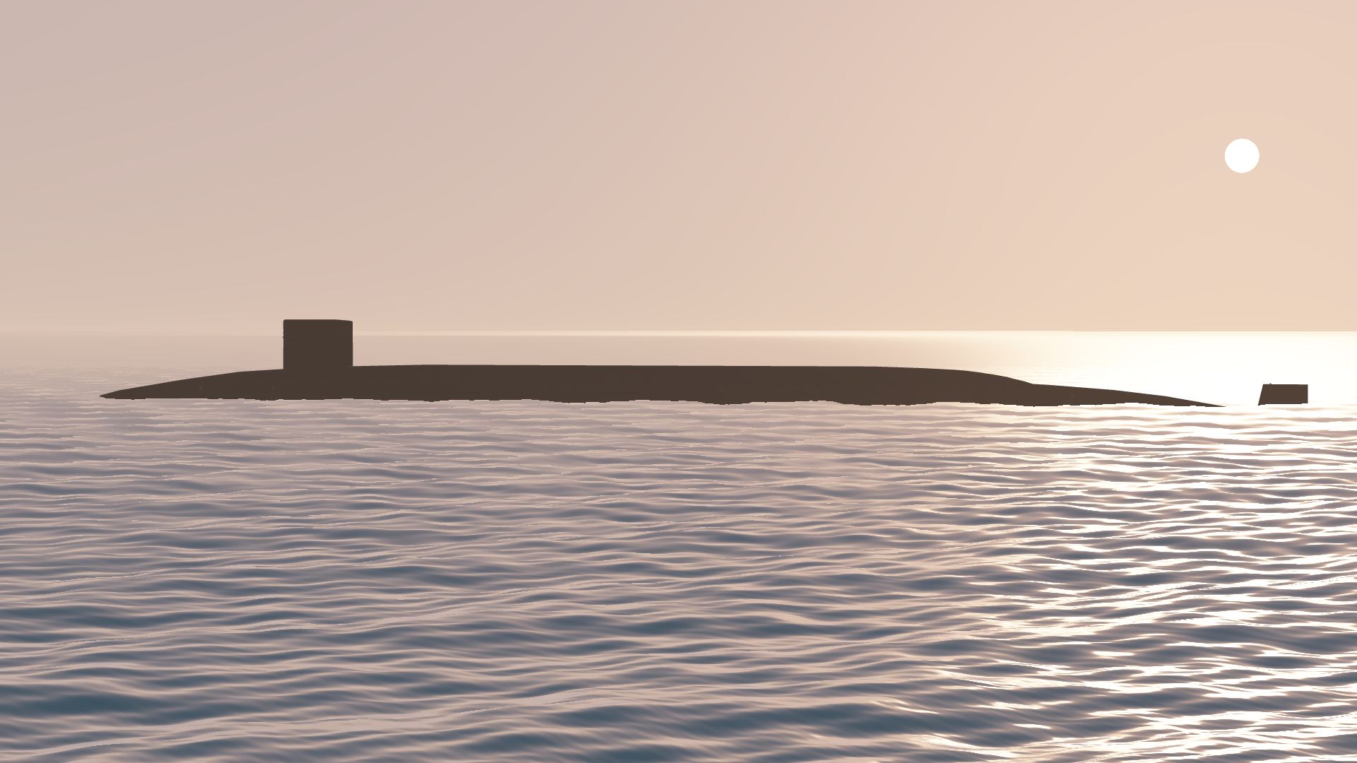 A submarine lying surfaced on a calm sea at sunset, the sun low over the water. Rendered in the game.