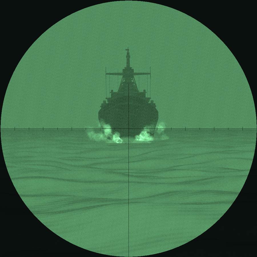 A frigate coming bow on at speed, green through a periscope's night vision